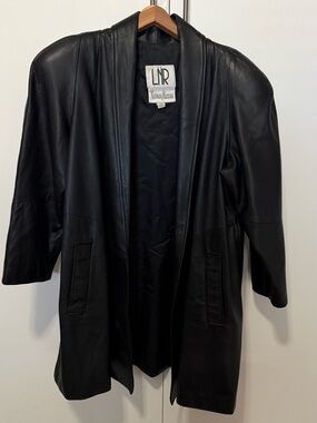 Vintage Neiman Marcus LNR Black Leather Open-Front 90s Oversized Coat- L